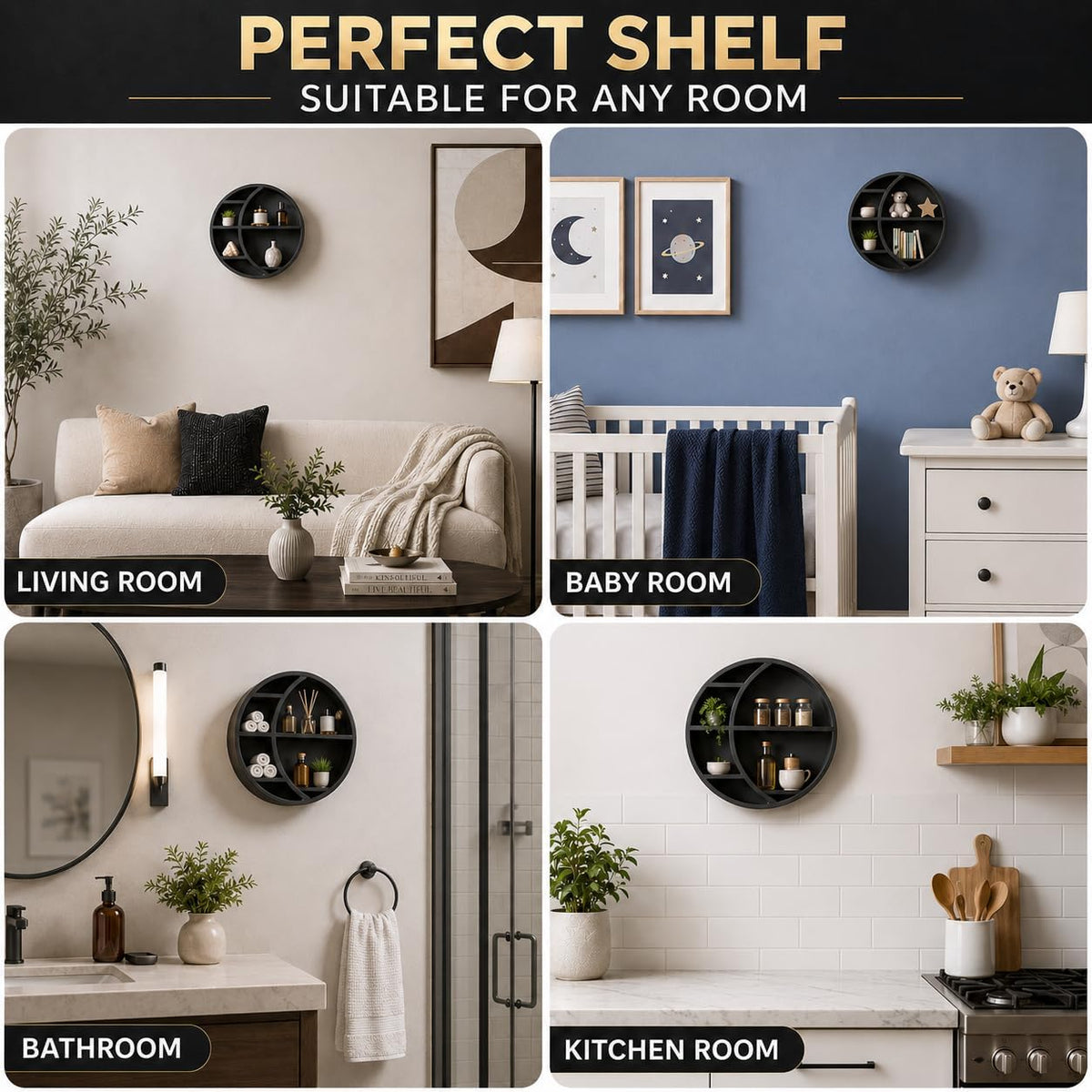 Wooden Crescent Moon Shelf Wall Decor — Aesthetic Floating Crystal Display Holder & Hanging Wall Organizer for Bedroom, Dorm & Spiritual Room Decor | 14"x14"x3.5" | (Black)