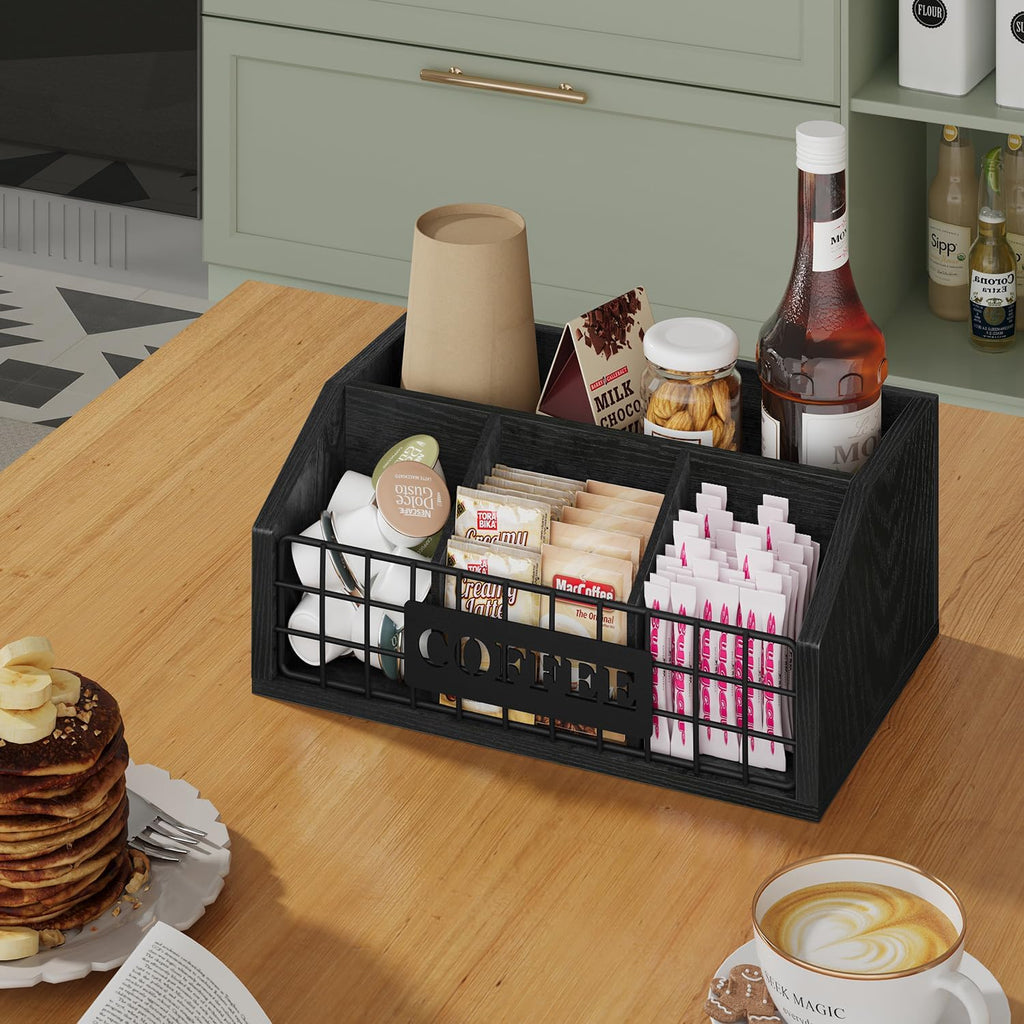 Coffee Station Organizer for Countertop, Wood Coffee Bar Organizer with Removable Dividers for Pods, Syrup, Cups, Stirrer, Tea - Office Bar Accessories, Iron Wire-Black