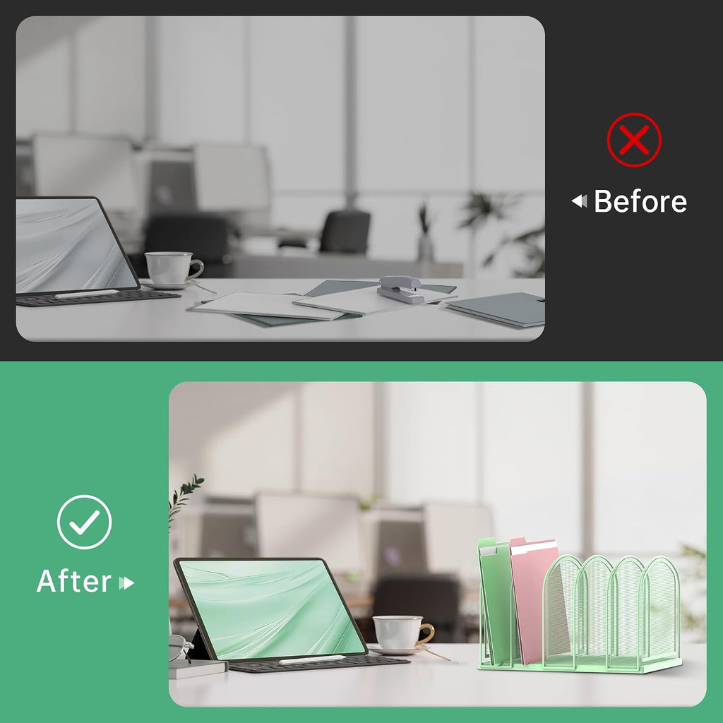 5-Section File Organizer for Desk, Metal File Folder Holder, Mint Green