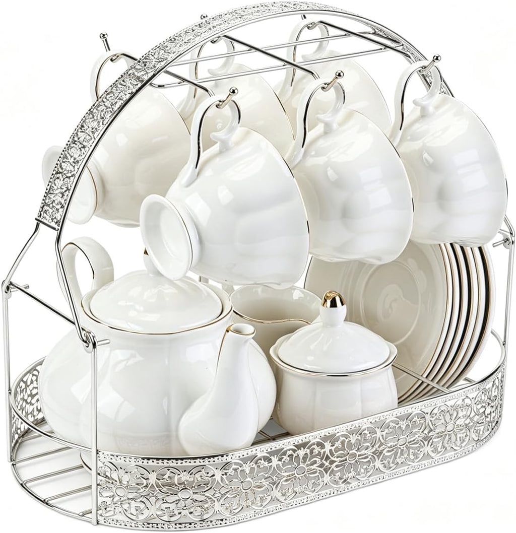 CHENP.HMC Coffee Mug Holder with Oval Drip Tray Vintage Lace Cutout Iron Coffee Cup Rack, Countertop Tea Cup Organizer Display Stand for Kitchen Coffee Bar Decor (Silver)