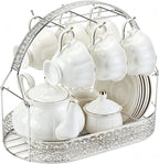 CHENP.HMC Coffee Mug Holder with Oval Drip Tray Vintage Lace Cutout Iron Coffee Cup Rack, Countertop Tea Cup Organizer Display Stand for Kitchen Coffee Bar Decor (Silver)