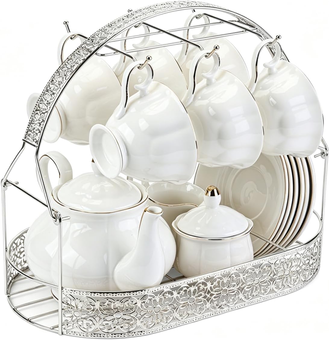 CHENP.HMC Coffee Mug Holder with Oval Drip Tray Vintage Lace Cutout Iron Coffee Cup Rack, Countertop Tea Cup Organizer Display Stand for Kitchen Coffee Bar Decor (Silver)