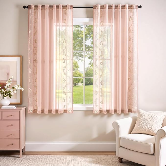 jinchan Belrose Pink Floral Sheer Curtains - Image 2