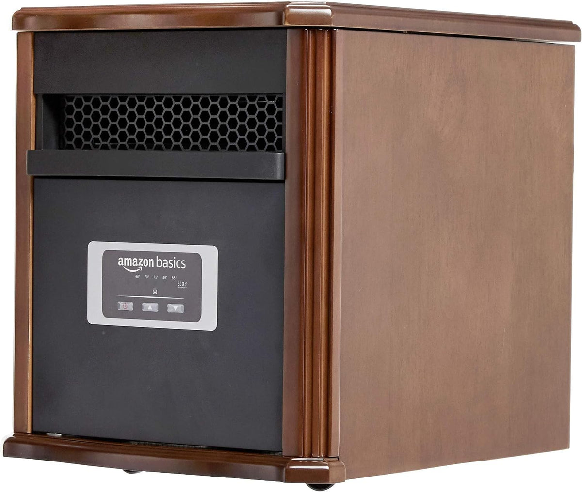 Amazon Basics Portable Space Heater with Remote Control, Adjustable Thermostat, Indoor Use, Energy-Saving Setting, LED Display, Classic Wood Casing, 1500W, 12"D x 13"W x 16"H, Brown