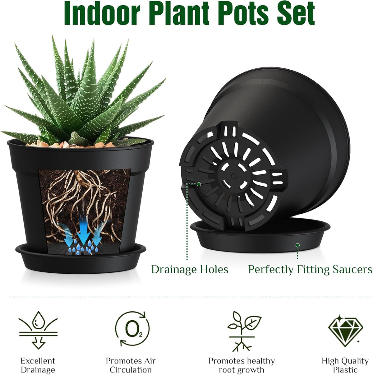 8 Inch 10 Pack Plastic Plant Pots with Drainage Holes and Trays
