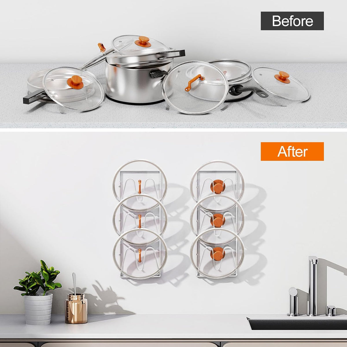 Durmmur 2 Pack Pot Lid Organizer, 6-Tier Lid Holder for Cabinet Door & Wall