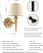 KDG Cordless Gold Wall Sconces Set of 2, Beige Fabric Lampshde Wall Lamps