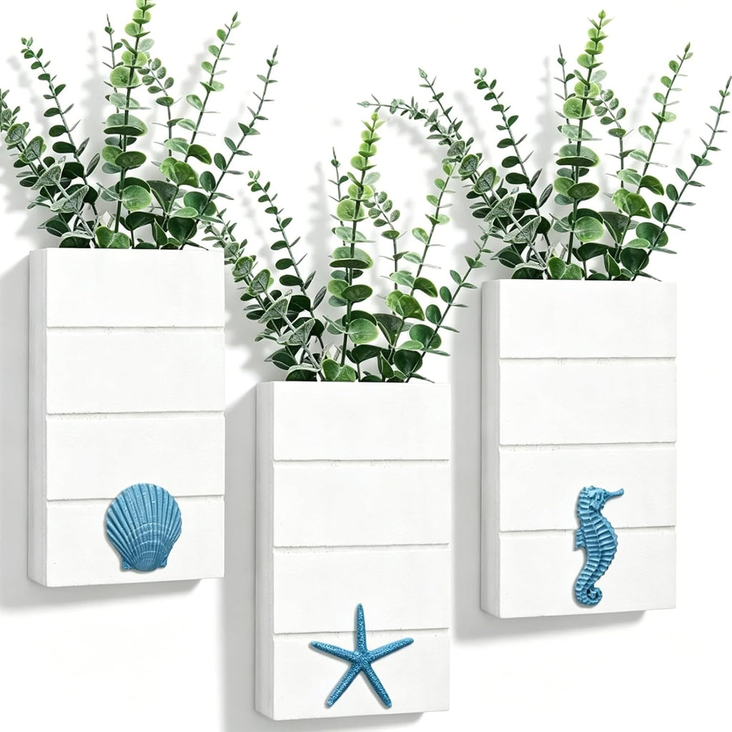 2 Pcs Beach Rustic Wood Wall Planter Vase, Coastal Decor, Seashell, Blue