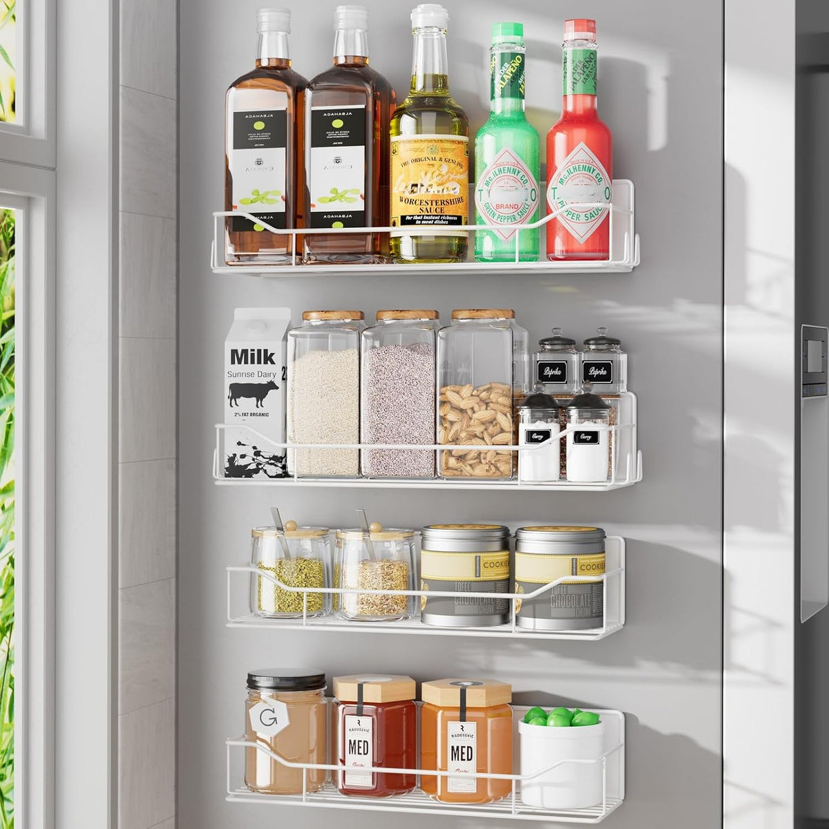 Magnetic Spice Rack for Refrigerator, 4 Pack Metal Strong Magnet Spice Organizer Shelves, Magnetic Fridge Shelf for Kitchen Seasoning Organizer Gadgets, Home Organization and Storage (White)