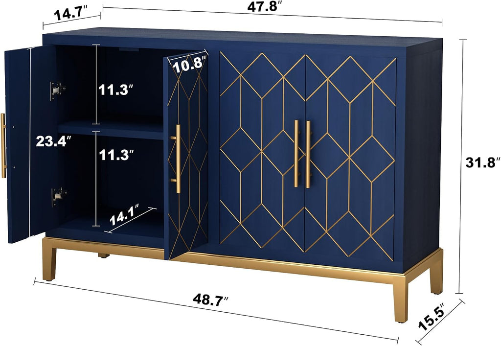 47.8" Storage Accent Cabinet with 4 Doors, Modern Sideboard Buffet Cabinet with Gold Lines, Wood Decorative Credenza with Storage for Living Room, Kitchen, Dining Room, Entryway, Blue