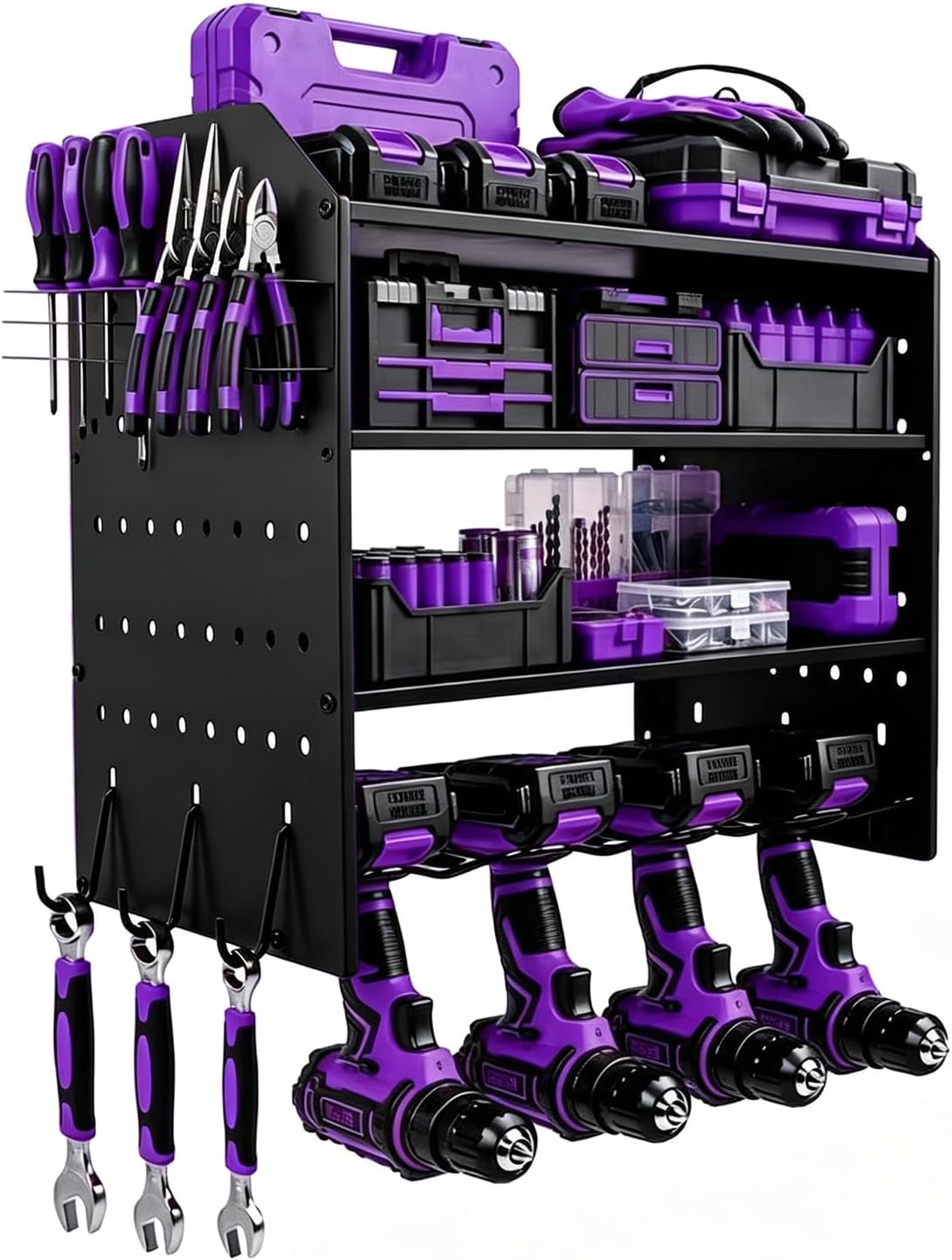 4-Tier Power Tool Organizer,Tool Storage Rack with 4 Drill Holders, Cordless Tool Organizer,Heavy Duty Power Tool Shelf for Garage,Warehouse,Workshop, Gift for Men,Husband