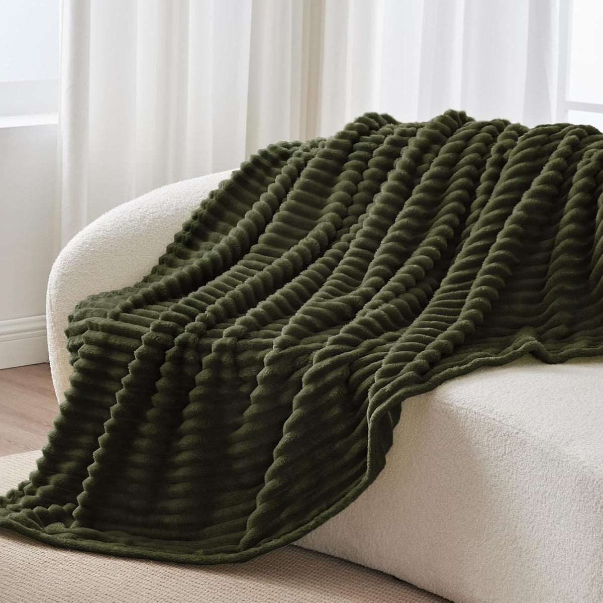 BEDELITE Ribbed Olive Green Throw Blanket for Couch, 50"x60"