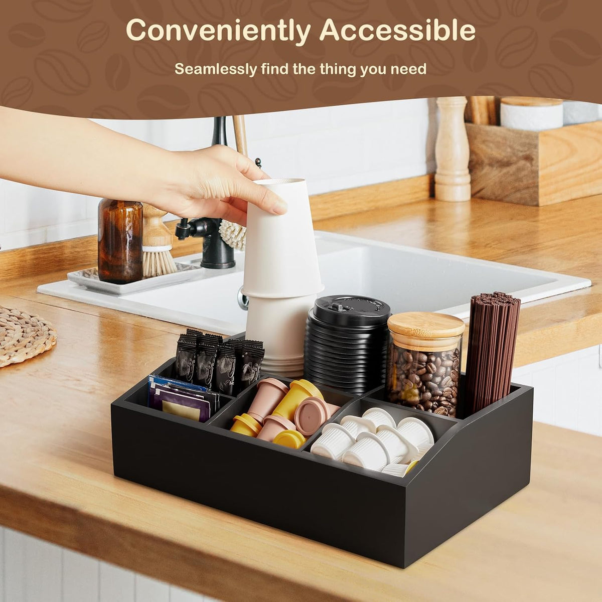 Black Coffee Station Organizer for Countertop, Coffee Bar Accessories and Organizer, Coffee Pod Holder Storage Basket for K Cup Sugar Tea