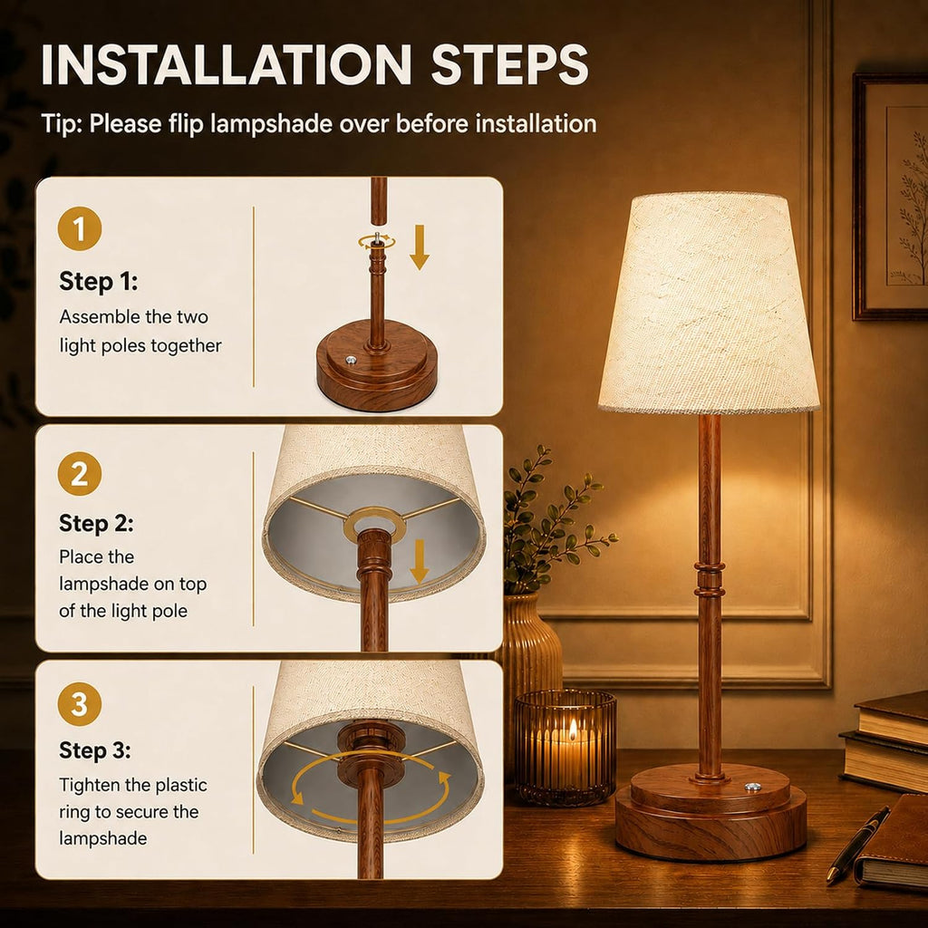 Rechargeable Cordless Table Lamp, Battery Operated Bedside Lamp, Wood Grain