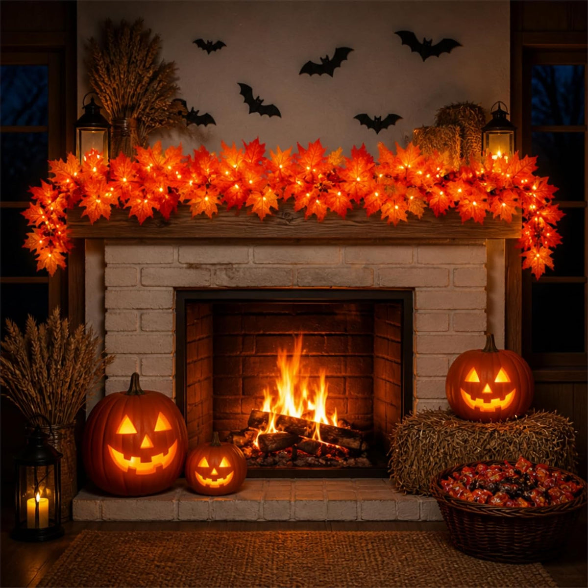 Fall Decorations for Home 9FT Fall Garland with Lights Plug in UL Listed 50 Orange Incandescent Bulbs, Connectable Fall Lights for Indoor Outdoor Halloween Harvest Thanksgivings Holiday Decorations