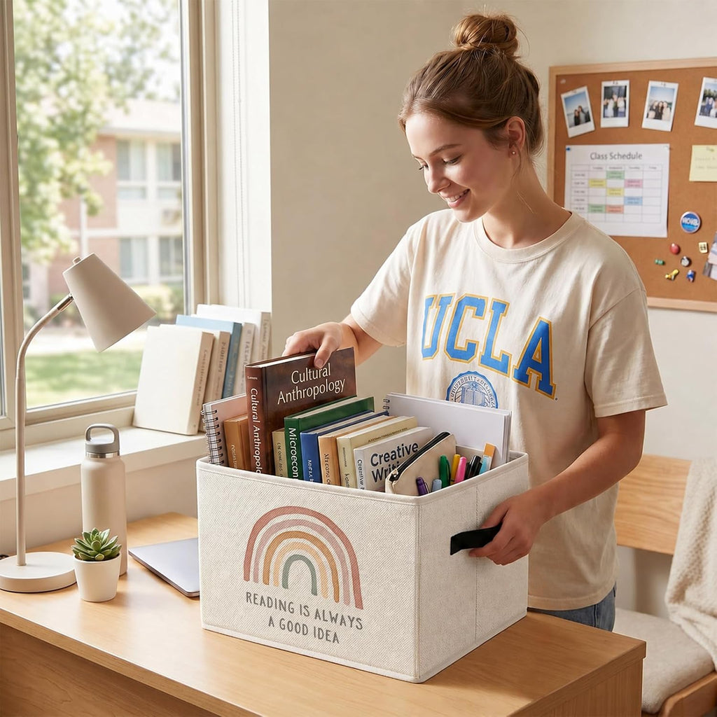 Reading Corner Decor Storage Bin, Boho Rainbow Collapsible Storage