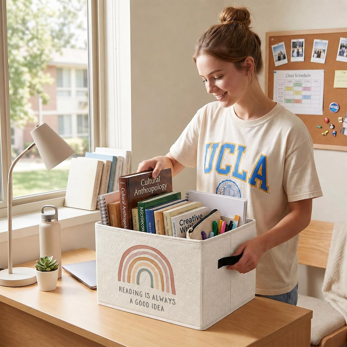 Reading Corner Decor Storage Bin, Boho Rainbow Collapsible Storage