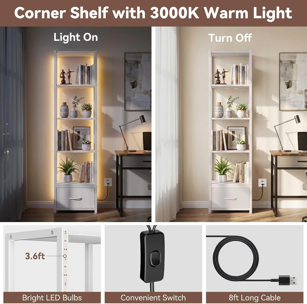 Housolution 6 Tier 60.6" Tall Bookshelf with Storage and LED Light, White