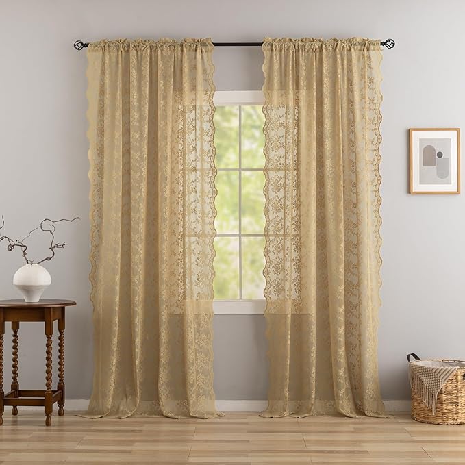 YJ YANJUN Vintage Lace Curtains 72 Inches Long-Victorian Floral Pattern Tan - Image 3