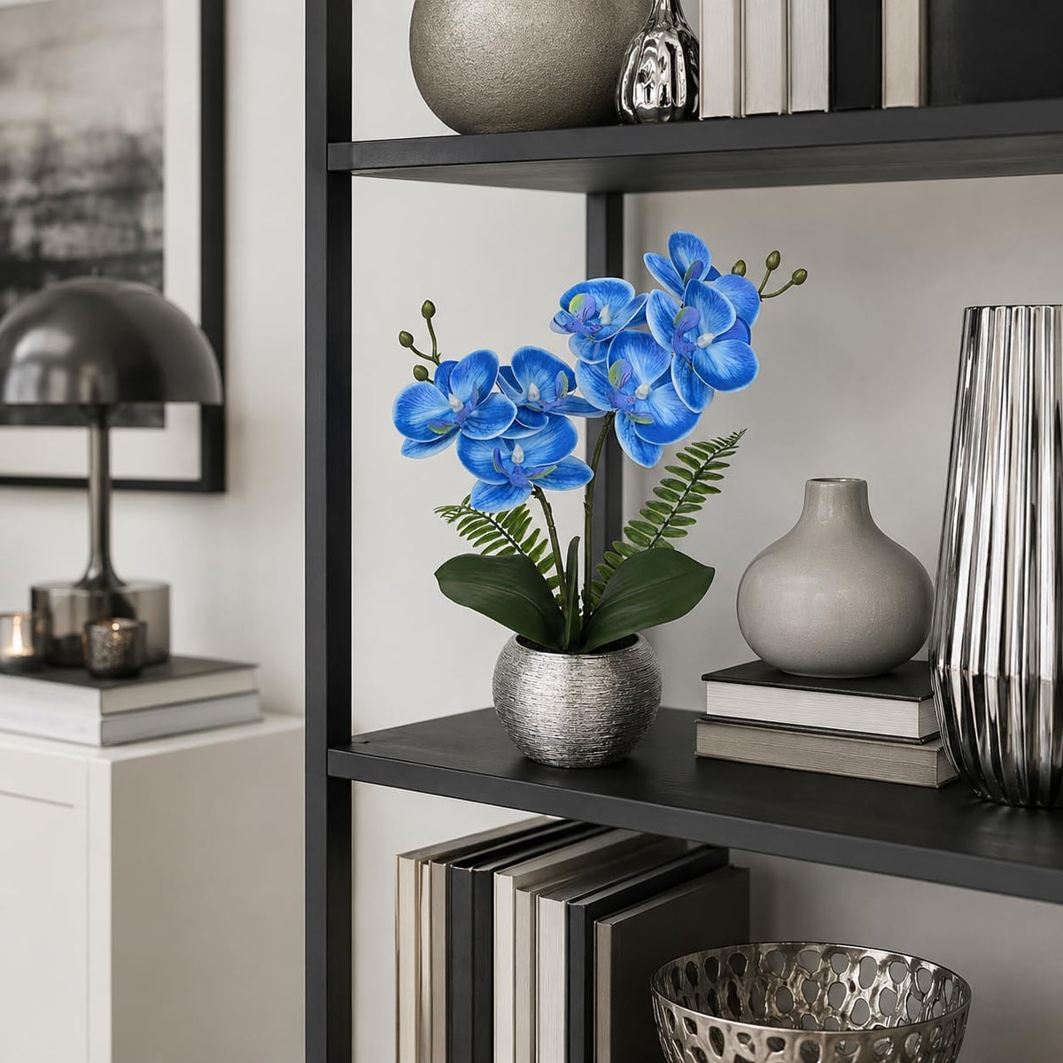 Briful 13" Small Artificial Orchid Flowers in Silver Ceramic Pot, Blue Faux Phalaenopsis Silk Orchid Arrangement Fake Orchid Plant for Bathroom Vanity Office Desk Shelf Coastal Home Decor
