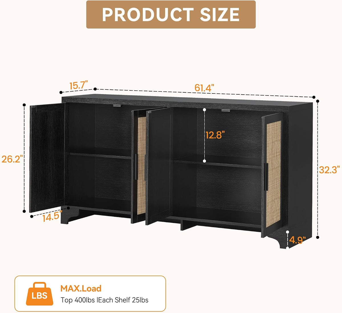 Rattan Sideboard Cabinet, 4-Door Buffet Storage for Entryway Living Room