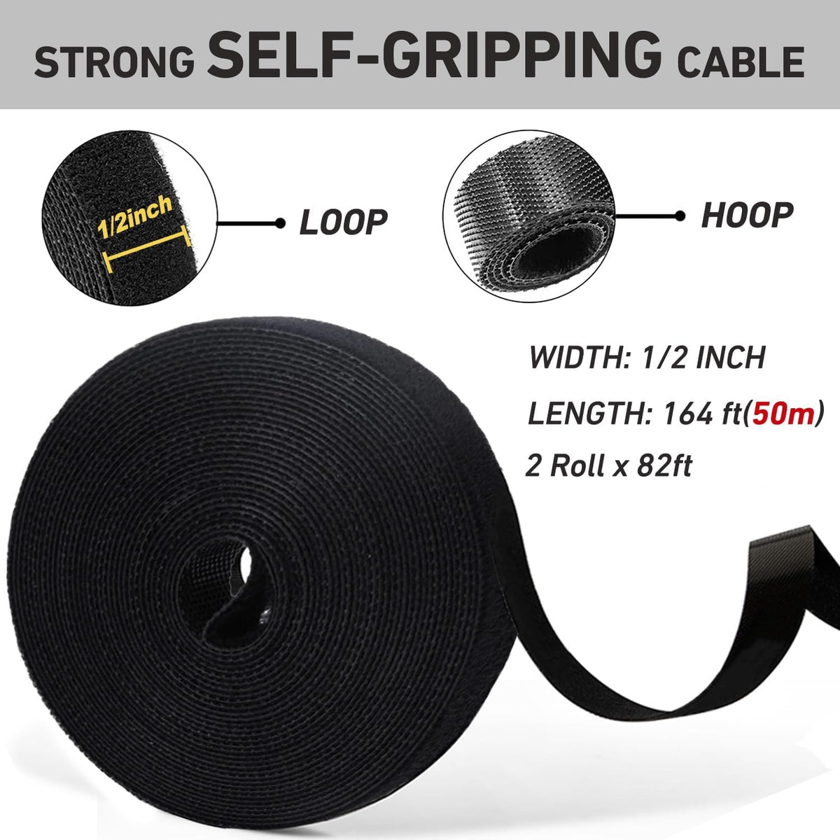 Hitotsu 164ft x1/2 inch Reusable Fastening Cable Ties, 82ft x 2Rolls
