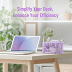 Mesh Desk Organizer with Drawer, 9-Compartment Pen Holder for Desk, Purple
