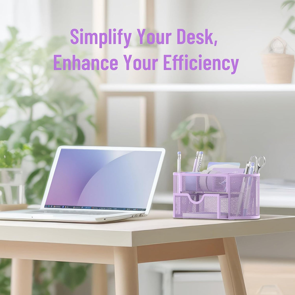 Mesh Desk Organizer with Drawer, 9-Compartment Pen Holder for Desk, Purple
