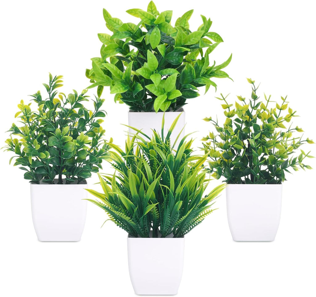 CEWOR 4 Pack Mini Fall Artificial Potted Plants, Fake Autumn Hibiscus Flowers with White Plastic Pots, Small Faux Floral Arrangement for Office Desk Bathroom Bedroom Table Decor