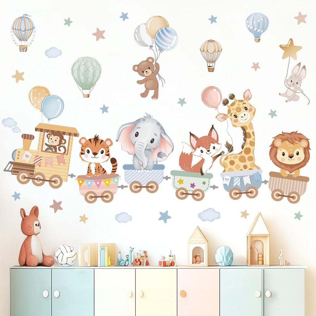 wondever Jungle Animals Train Wall Decals Hot Air Balloon Wall Stickers