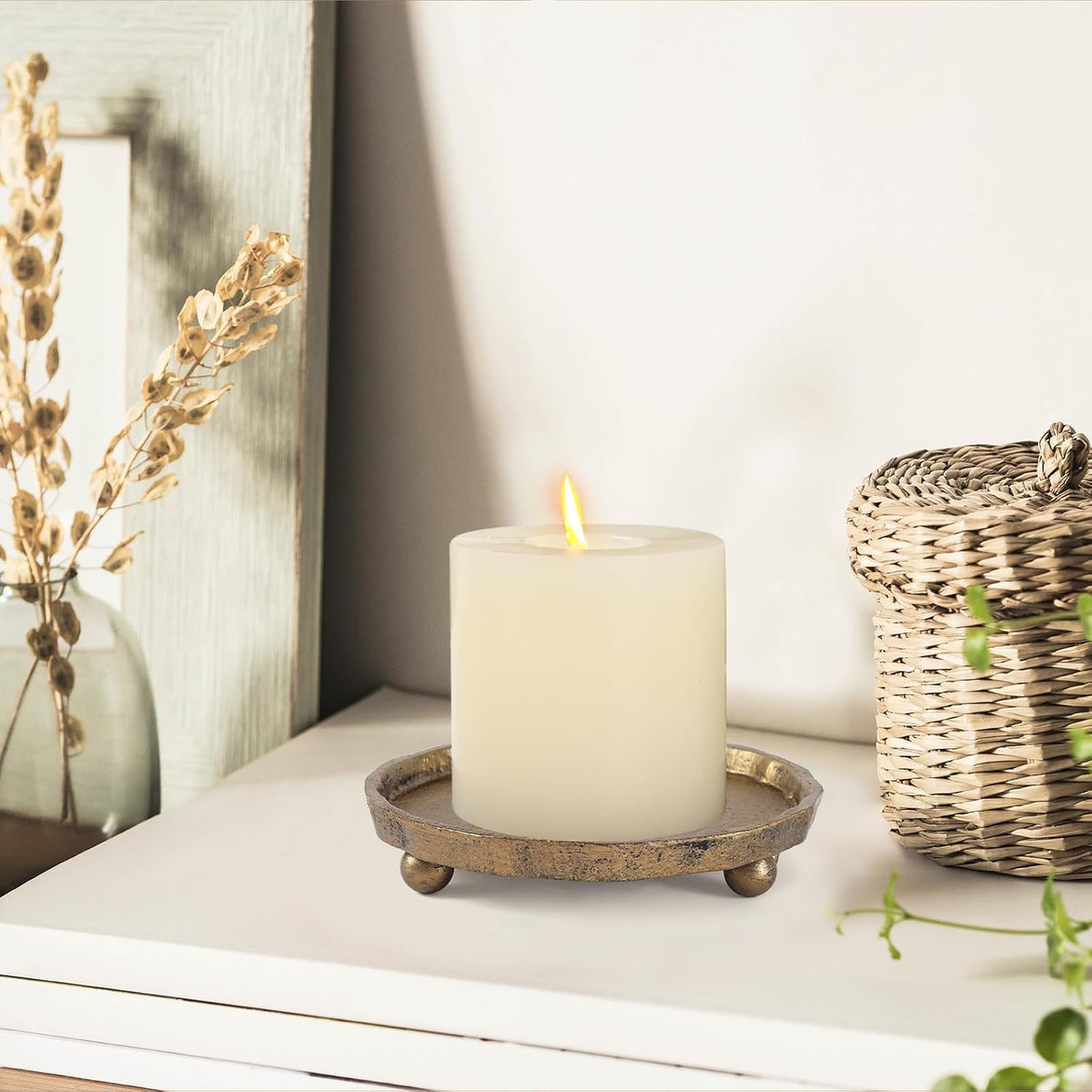 Vintage Cast Iron Pillar Candle Holder Plate, Rustic Brass Candle Tray