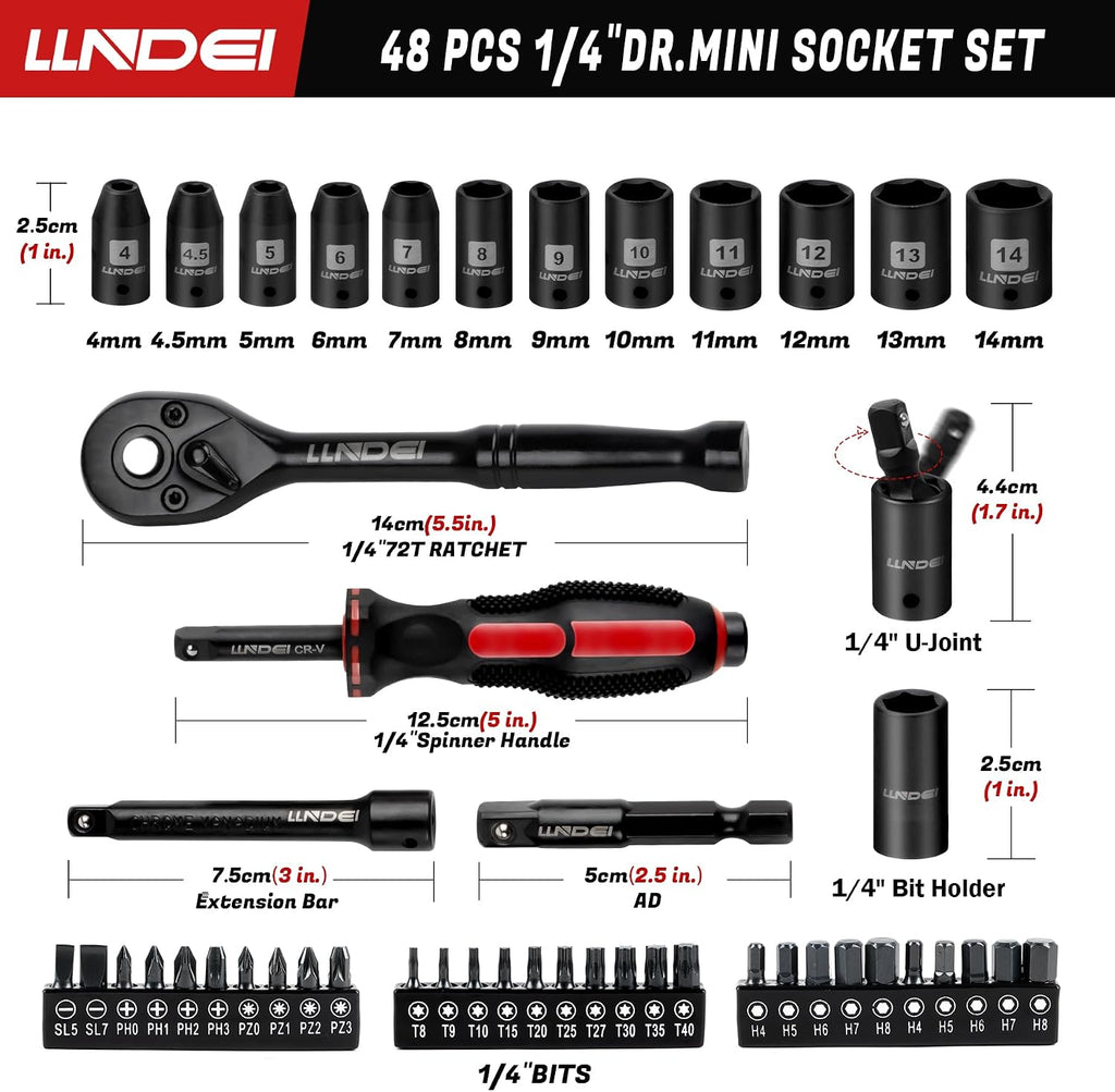 48 Piece 1/4" Mini Socket Ratchet Wrench Set, Metric Shallow(4-14mm)