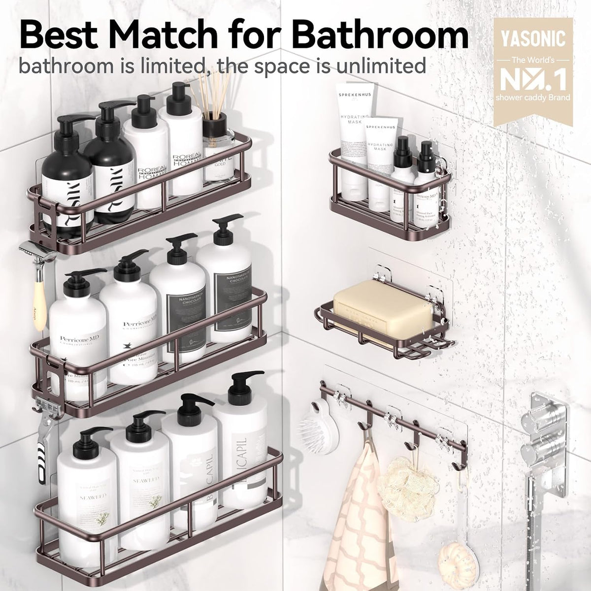 YASONIC Shower Caddy Adhesive, Rustproof Shower Shelves for Inside Shower