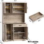 GRUSIGN 71" Pantry Cabinet with Charging Station, Large Capacity Kitchen Hutch Storage Cabinet, Kitchen Cabinet with Microwave Stand, Storage Drawers & Adjustable Shelves for Dining Room, Grey