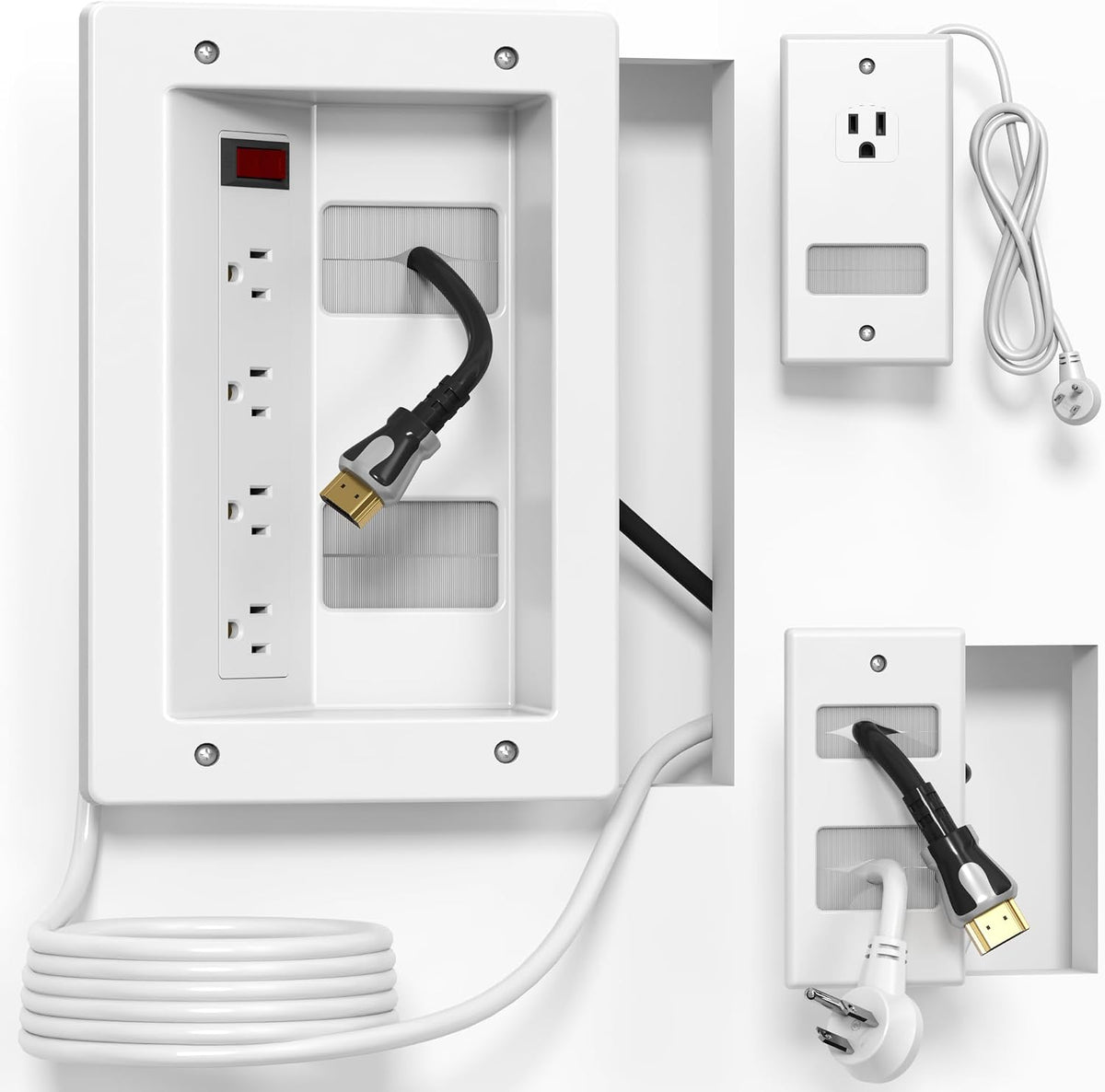 3 Usage Modes in Wall Cable Management Kit with Recessed Power, 4 Outlets