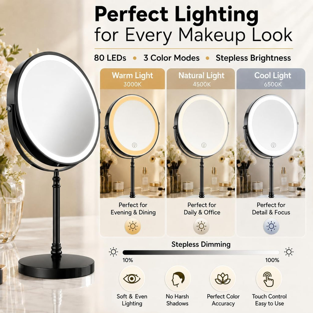 DEIOVWXS Makeup Mirror, Rechargeable Vanity Mirror with 3 Lights, 1X/10X