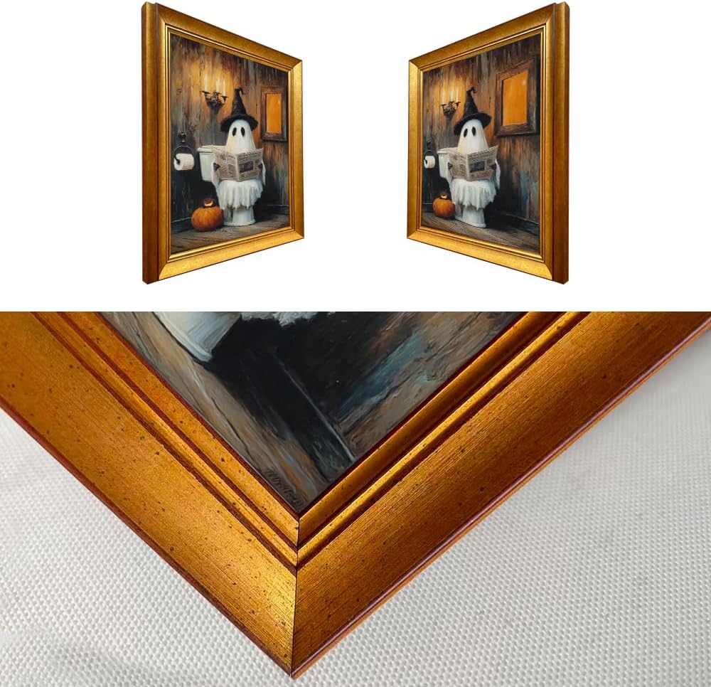 Vintage Golden Framed Halloween Bathroom Print Funny Ghost on Toilet Wall Art Rustic Spooky Halloween Bathroom Wall Decor