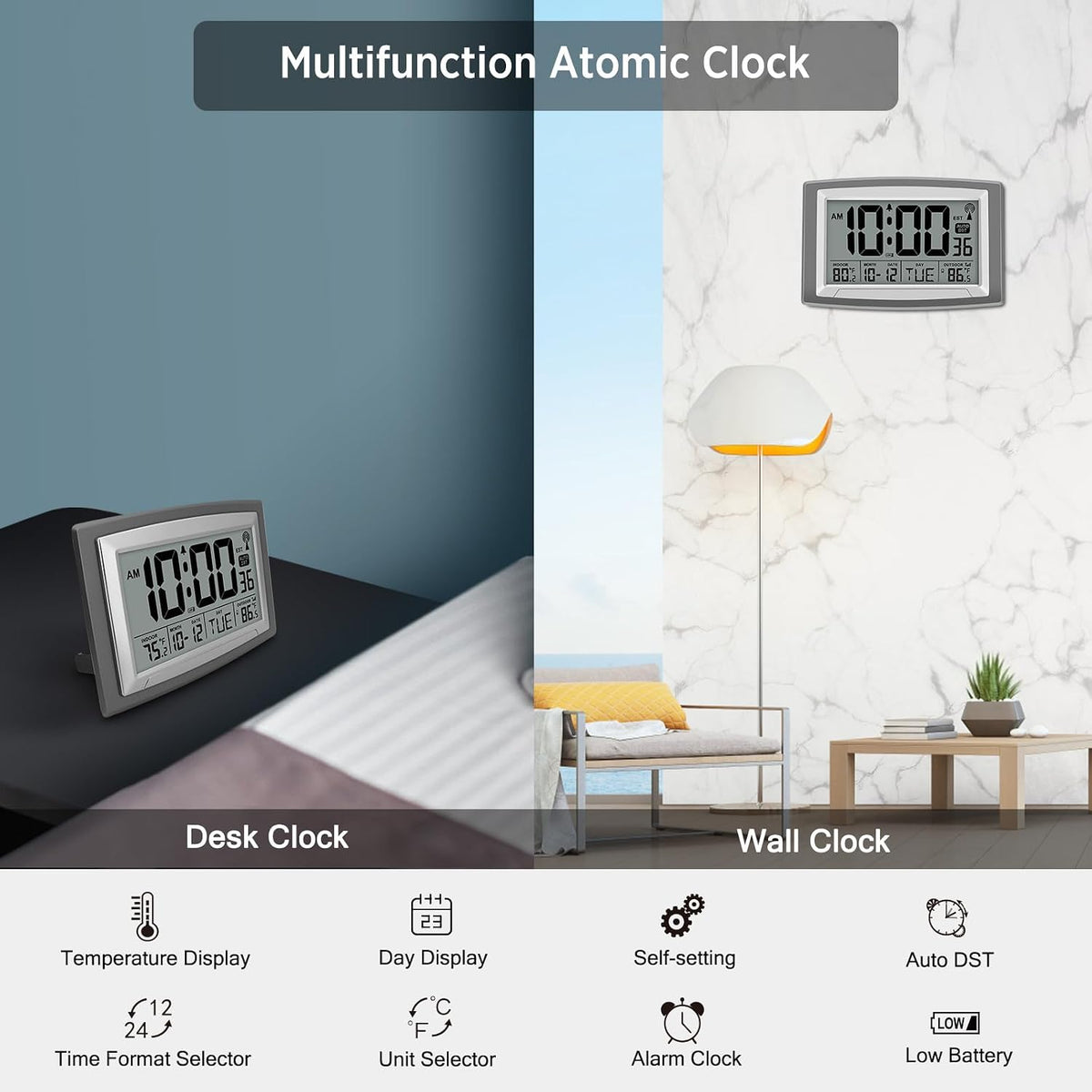 WallarGe Atomic Clock 12.5 Inch Self-Setting Digital Wall Clock
