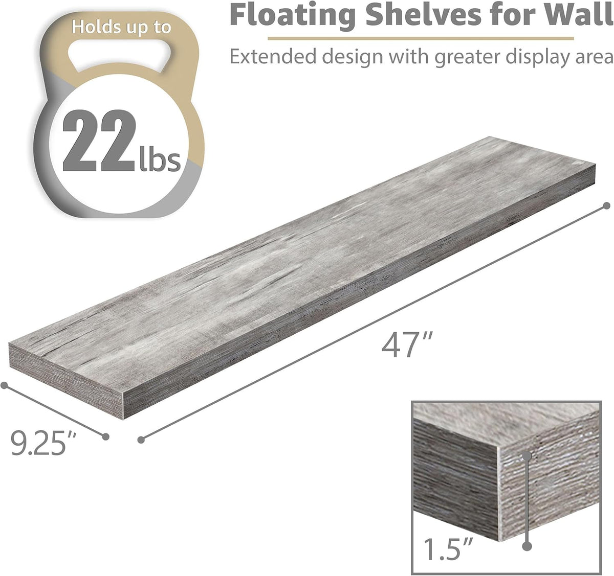 Sorbus Floating Shelves for Wall Storage (48 Inch, 2 Pack, Gray)
