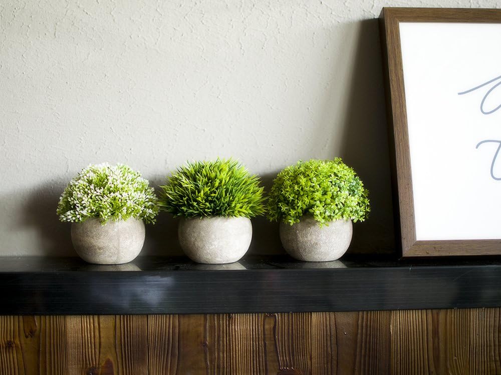 Opps Artificial Plastic Mini Plants Unique Fake Fresh Green Grass Flower in Gray Pot for Home Décor – Set of 3