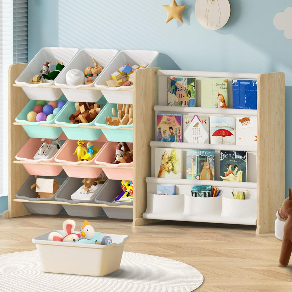 Kids Toy Storage Organizer with Bookshelf - 12 Multi-Color Bins and 4 Book Shelves, Organizers and Storage for Playroom, Nursery, Room, Burlywood