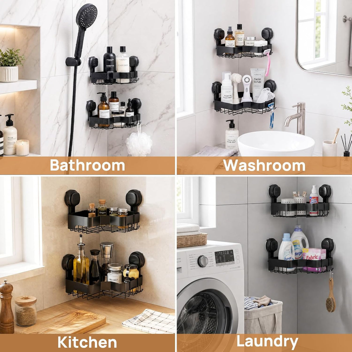 Corner Shower Caddy Suction Cup, Black Shower Organizer With Hooks