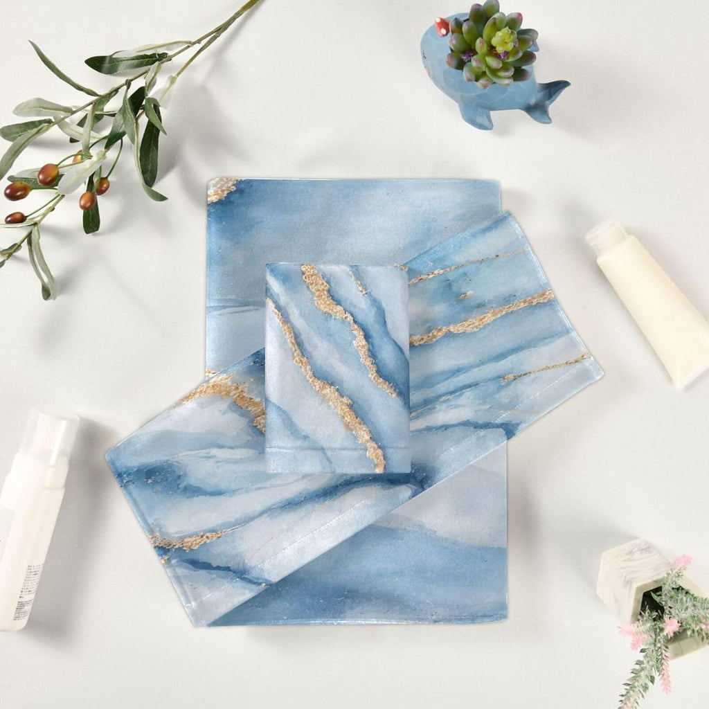 Blueangle White Blue Marble 3 Piece Bathroom Towel Set – Soft, Absorbent and Eco-Friendly – Includes 1 Bath Towel, 1 Face Towel/Washcloth, 1 Hand Towel