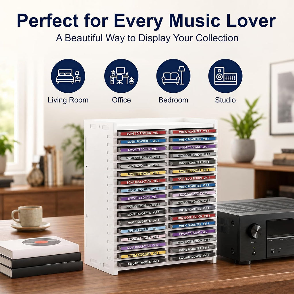 Stackable CD Storage Organizer, Holds 34 CD Cases, Great Gift Idea