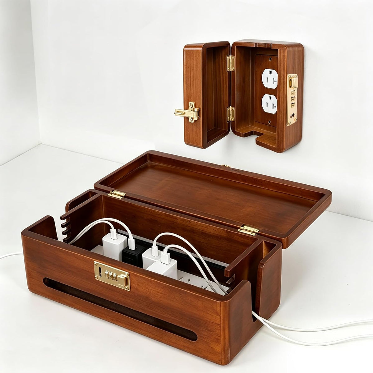 Solid Wood Cable Management Box with Combination Lock, Power Strip Cover to Help Limit Child Access, Large Cord Hider for Desks, TV Stands & Home Offices