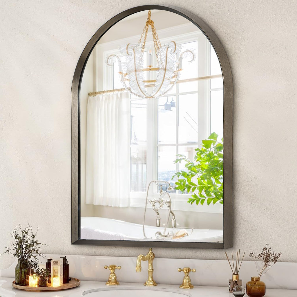 Arched Mirrors for Wall, Brushed Metal Frame Mirror, Arch Bathroom Vanity Mirror for Living Room Bedroom Mantel Entryway Hallways Home Decor Aluminum Alloy Frame 20"x16"