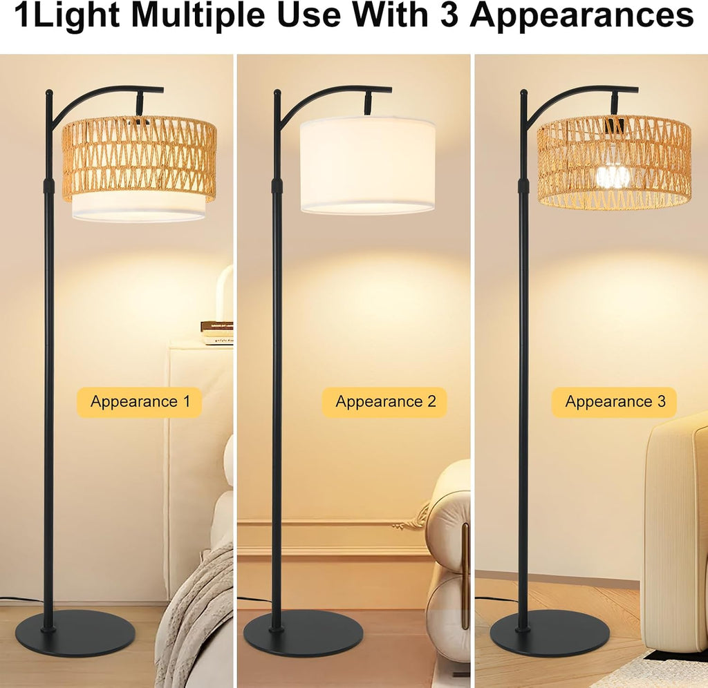 Rustic Black Farmhouse Floor Lamp with Woven Rattan Shade - 12W LED, Remote & Dimmable 3-Color Temp, Tall Standing Lamp for Living Room