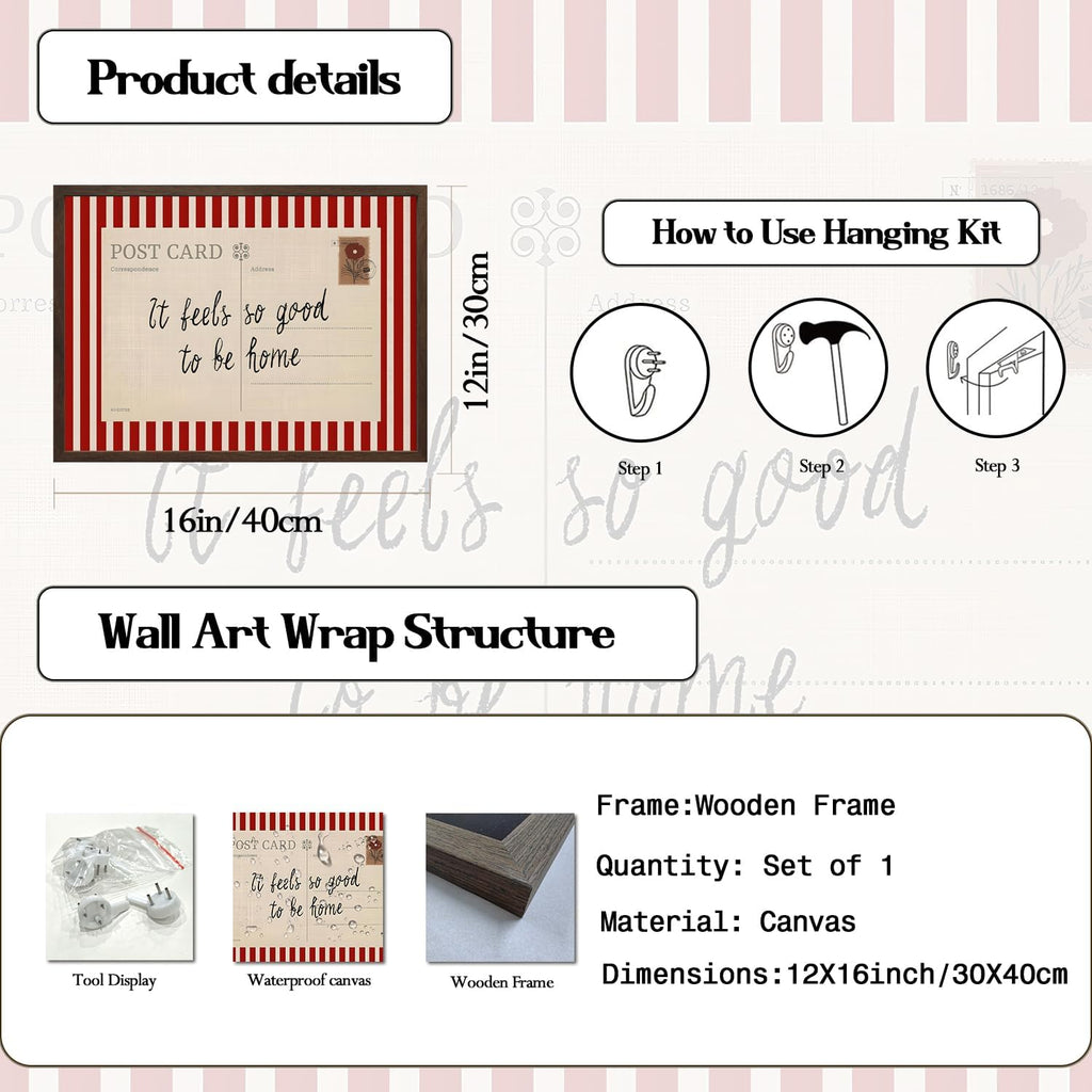 Vintage It Feels so Good to be Home Wall Art Mid Century Positive Quote Postcard Decor Picture, Trendy It's so Good to be Home Striped Poster Canvas Print 12x16 inch Walnut Wood Framed