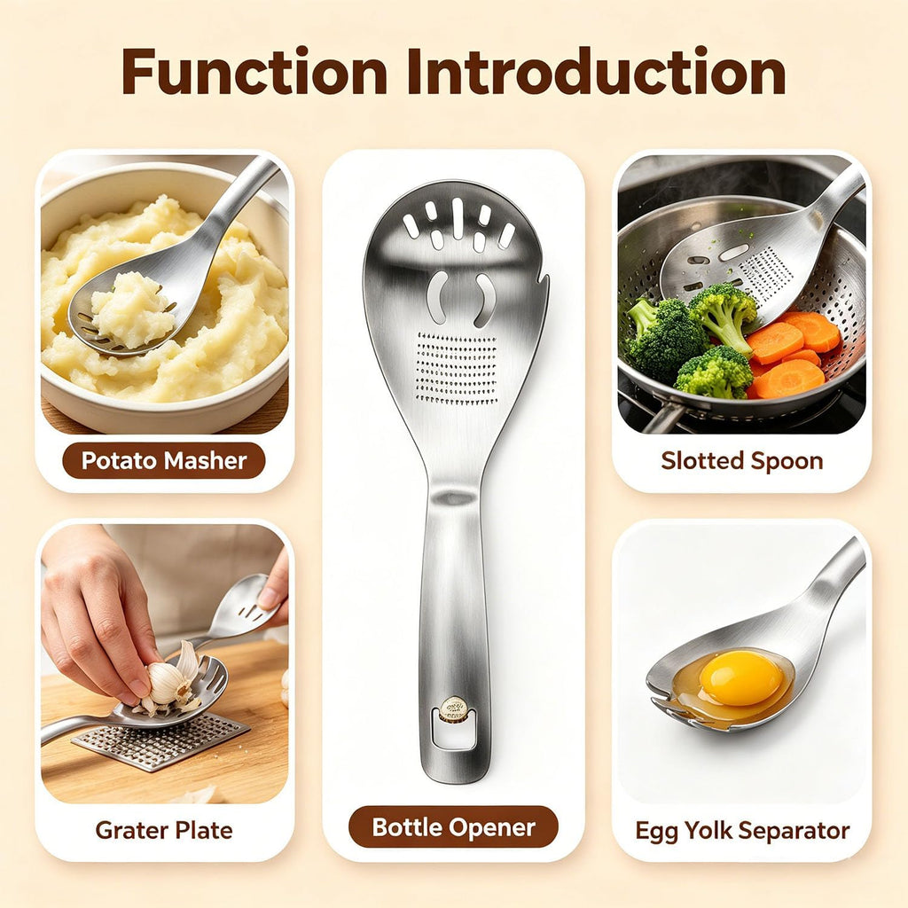 5-in-1 Stainless Steel Cooking Spoon Set, Multifunction Cooking Spoon,with Potato Masher, Egg Yolk Separator, Grater Plate, Bottle Opener & Slotted Spoon(A+B)