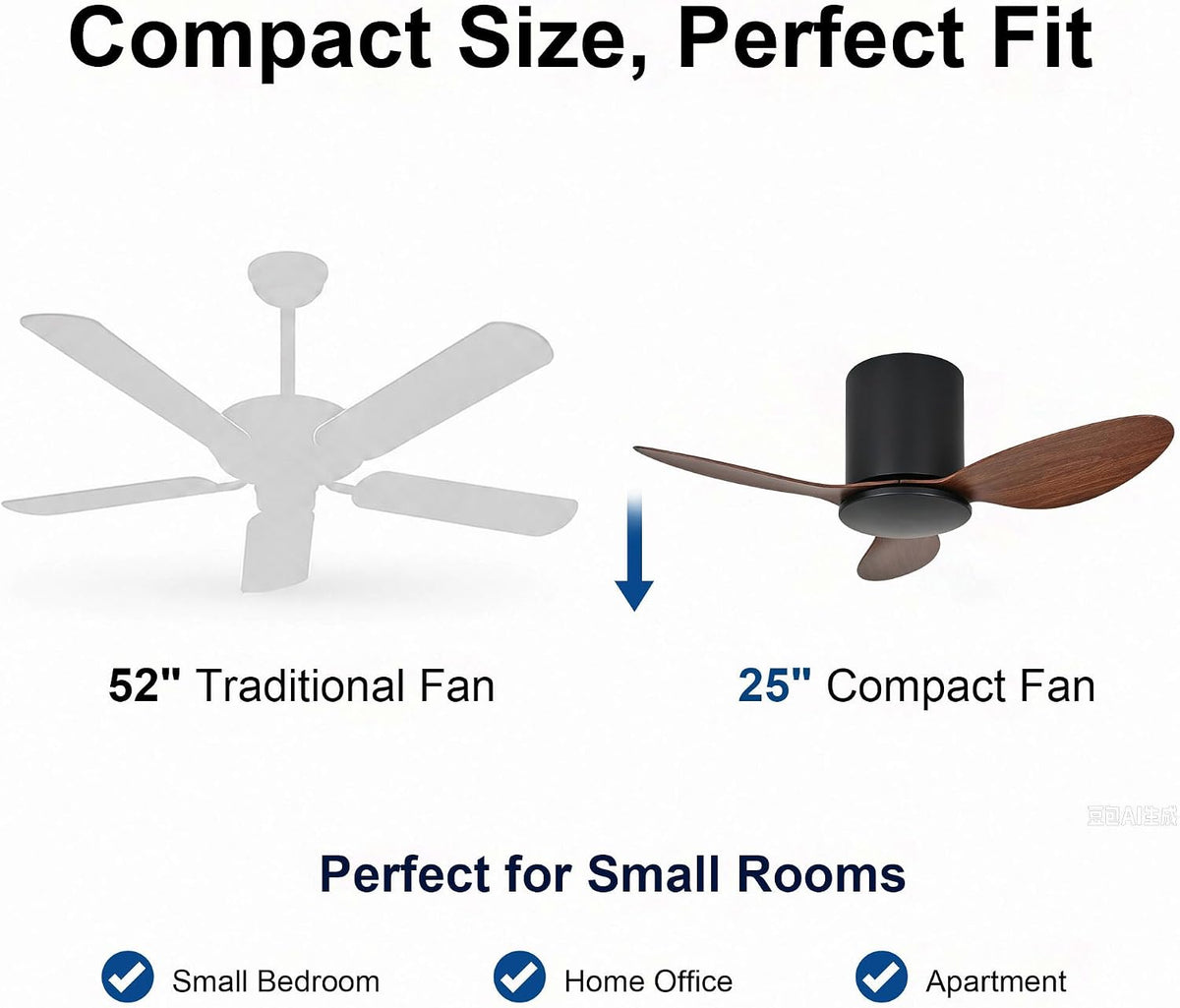 25 Inch Small Ceiling Fan No Light, Low Profile, Black Walnut